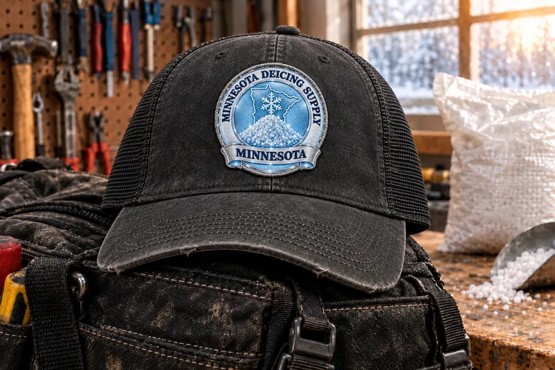 Minnesota Deicing Supply trucker cap on a tool bag in a workshop