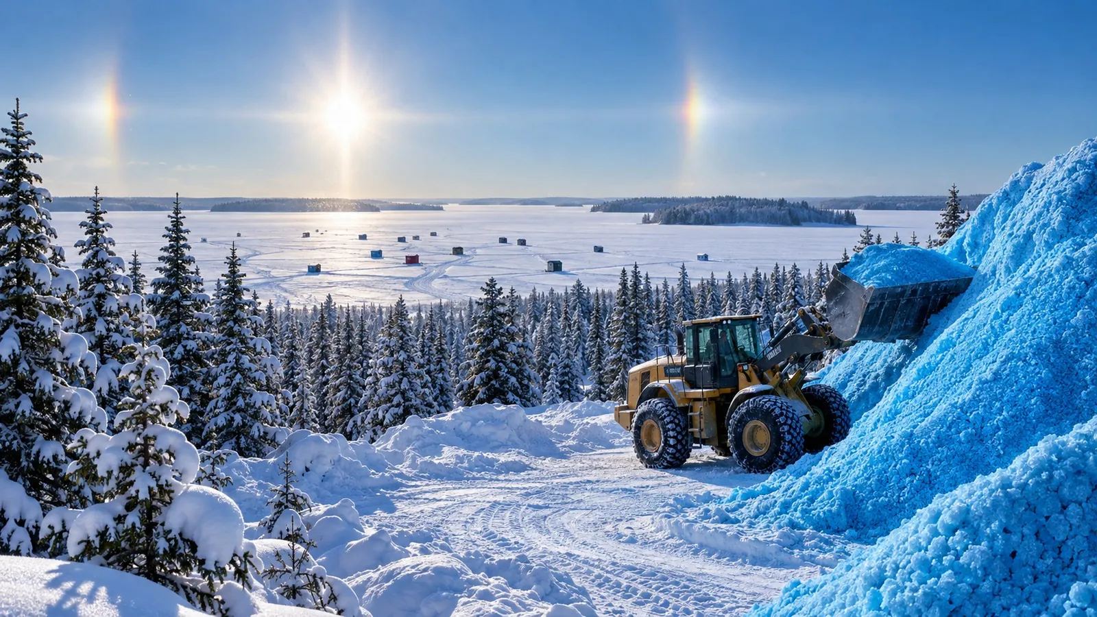 Loader working a tall pile of blue treated salt beside a frozen lake with ice-fishing houses and frosted pines under a sun halo