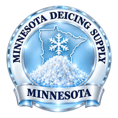 Minnesota Deicing Supply badge: snowflake and Minnesota outline over a salt pile